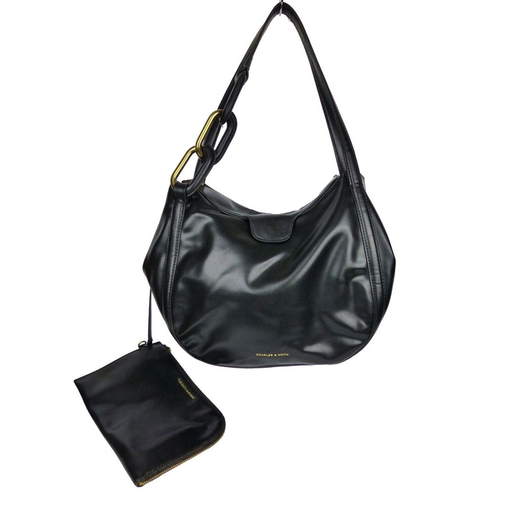 Charles & Keith Kora Metallic Accent Tote Bag Black Shoulder Hobo Purse Chain M